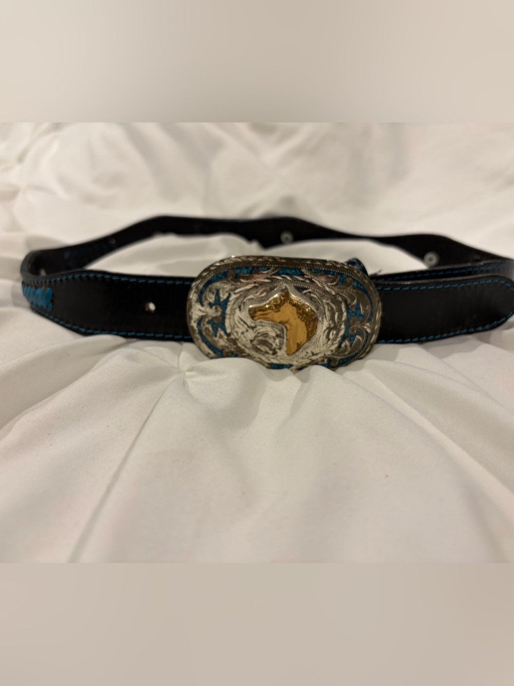 Western Horse Head Belt – Black Leather Turquoise Silver Buckle – Cowgirl